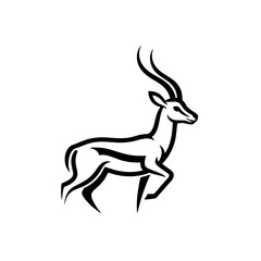 Minimalist Gazelle Logo Design, Sleek Body and Curved Horns, Side Profile, Clean Black Lines