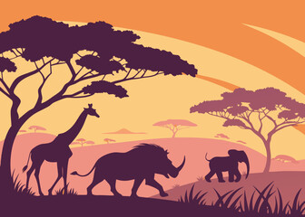 "Group of African safari animals — lion, giraffe, rhino, elephant — walking on the savannah, sunset background, bold silhouette style vector."

