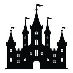 Fototapeta premium Black silhouette of a fairytale castle with towers and flags against a white background in minimalist style