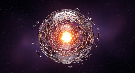 Exploding atom nucleus with glass shards in space