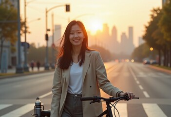 Woman with bicycle on city street at sunset smiling at camera
