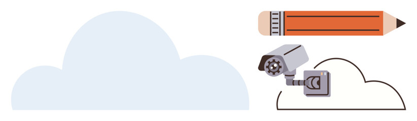 Cloud with surveillance camera and pencil, representing cybersecurity, creative storage, digital ideas, and monitoring. Ideal for cloud computing, security, creativity, design innovation education