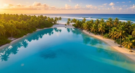 Tropical lagoon with turquoise water, white sand beach, and palm trees at sunset.