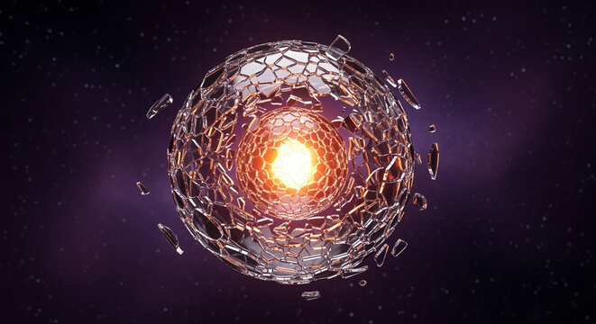 Exploding atom nucleus with glass shards in space