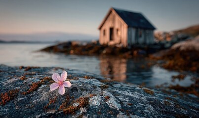 Pink flower on rock by rustic cabin by water