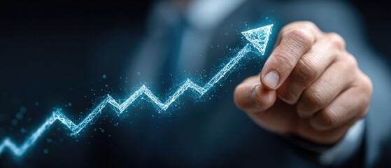 Businessperson points to a glowing, digitally created upward trend graph