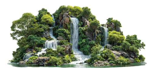 Lush tropical island with multiple waterfalls and greenery, isolated on transparent cutout background