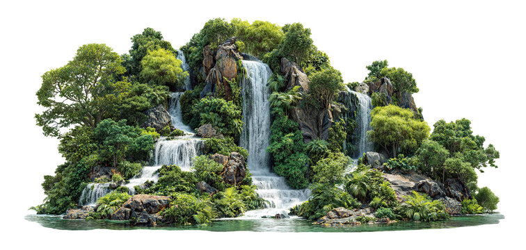 Lush tropical island with multiple waterfalls and greenery, isolated on transparent cutout background