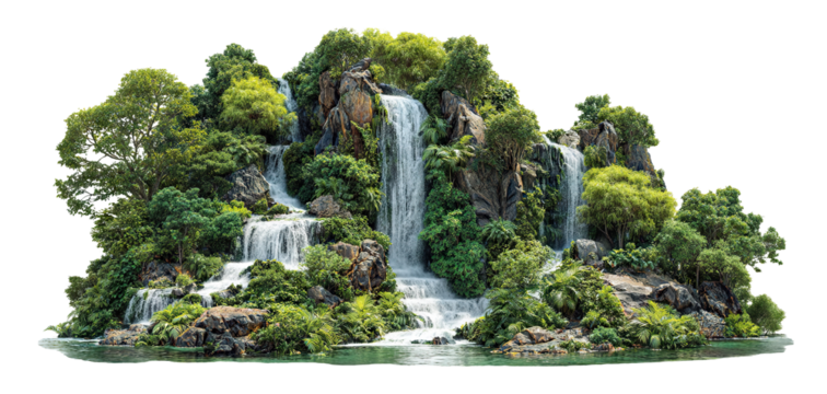 Lush tropical island with multiple waterfalls and greenery, isolated on transparent cutout background