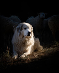 Great Pyrenees Guarding Sheep Dramatic Lighting