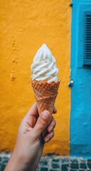Hand holding a waffle cone filled with a swirl of creamy white ice cream against a vibrant yellow and blue wall