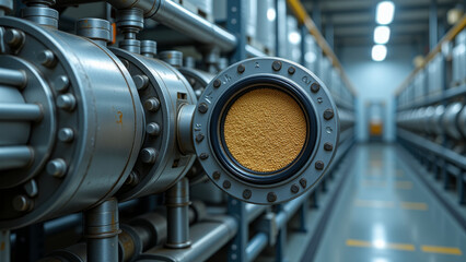 Fototapeta premium Modern industrial pipeline inside food processing or dairy plant interior