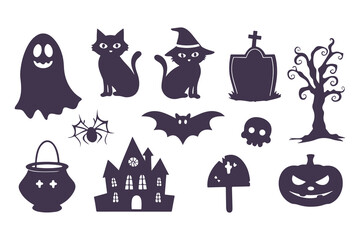 Halloween silhouette icon set. Collection of spooky graphic elements including ghost, witch, pumpkin, cat, and haunted house. Isolated vector symbols for party decoration and design.
