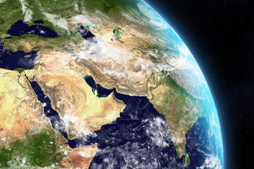 Planet Earth from the space at day. Near East and Africa, Arabian Peninsula, Egypt, Iraq, Iran, Israel, Jordan, Lebanon, Palestine, Gaza, Syria, India, Pakistan and Turkey. 
