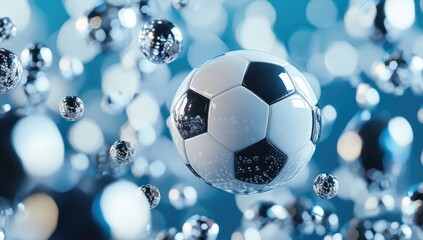 Fototapeta premium A soccer ball flying through the air, surrounded by small glass spheres, with a background of football balls and metallic shapes,
