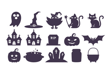 Halloween silhouette icon set. Collection of spooky graphic elements including ghost, witch, pumpkin, cat, and haunted house. Isolated vector symbols for party decoration and design.