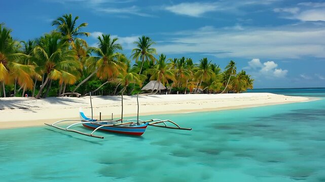 Idyllic Tropical Island Beach with Traditional Boat, Turquoise Ocean, White Sand, and Palm Trees