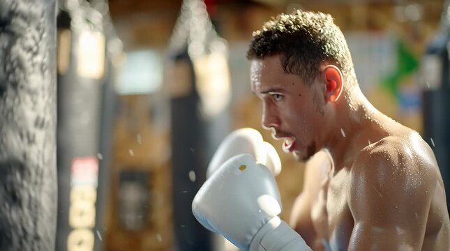 Boxer training, punching bag with white gloves