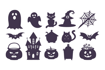 Obraz premium Halloween silhouette icon set. Collection of spooky graphic elements including ghost, witch, pumpkin, cat, and haunted house. Isolated vector symbols for party decoration and design.