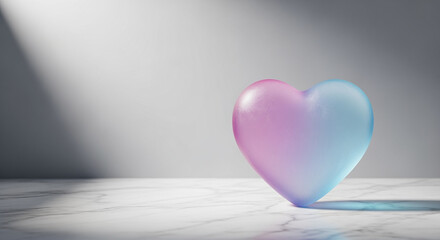 Frosted heart with pink and blue gradient on marble surface with light beam