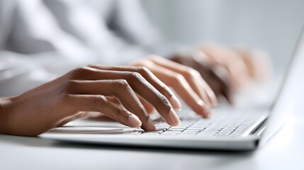 Close-up of diverse hands typing collaboratively on laptop keyboard