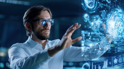 A focused man interacts with a digital interface, showcasing advanced technology and data visualization in a futuristic setting.