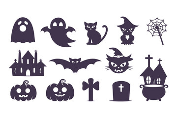 Obraz premium Halloween silhouette icon set. Collection of spooky graphic elements including ghost, witch, pumpkin, cat, and haunted house. Isolated vector symbols for party decoration and design.