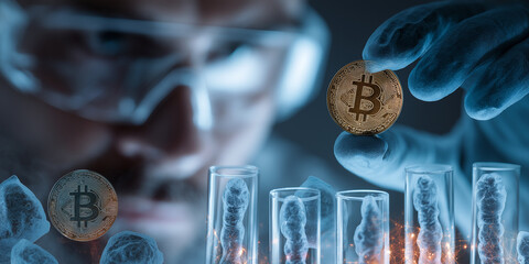 Scientist wearing protective eyewear and gloves examines Bitcoin coin among test tubes, symbolizing intersection of cryptocurrency and scientific research