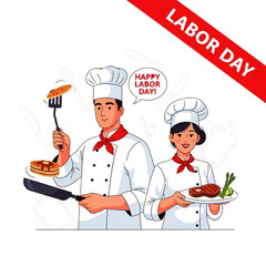 Two chefs, a man and a woman, preparing food for Labor Day, one with pancakes and the other with steak.