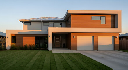 Modern Home Exterior with Green Lawn at Sunset