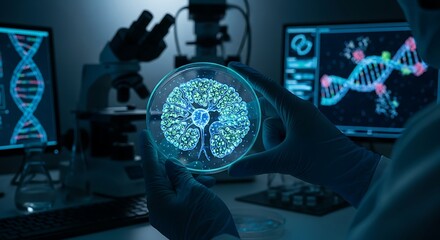 Researcher in a high-tech lab holding a petri dish with a glowing brain, symbolizing a medical breakthrough in neuroscience.