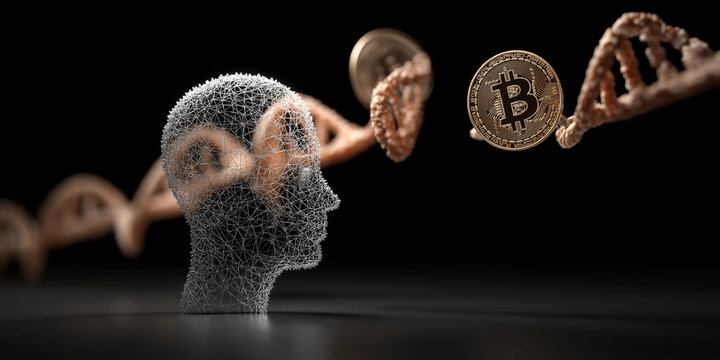 Digital wireframe human head with DNA strands and cryptocurrency coins symbolizes intersection of biohacking, longevity research, and digital currency innovation