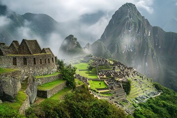 Machu Picchu shrouded in morning mist, ancient Incan ruins surrounded by lush green mountains, breathtaking realism