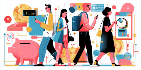 Group of diverse people using smartphones and digital devices, symbolizing modern consumer spending behavior and fintech disruption. vibrant illustration includes abstract financial icons
