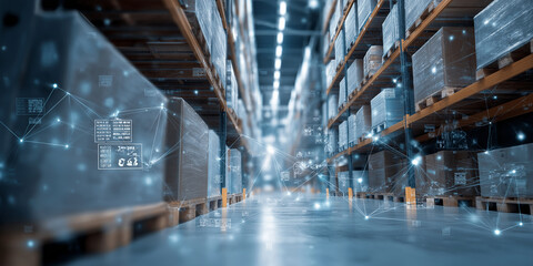 Futuristic warehouse with digital connections highlights integration of technology in supply chain management, emphasizing cybersecurity and efficiency