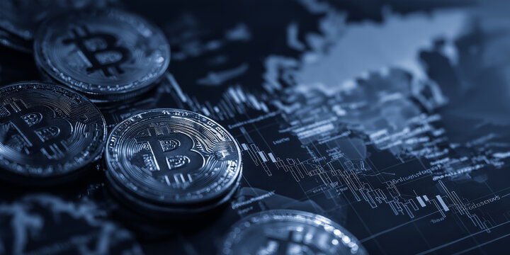 Collection of Bitcoin coins placed on financial chart, symbolizing global cryptocurrency market and its dynamic trends. image conveys sense of digital finance and economic analysis