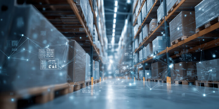 Futuristic warehouse with digital connections highlights integration of technology in supply chain management, emphasizing cybersecurity and efficiency
