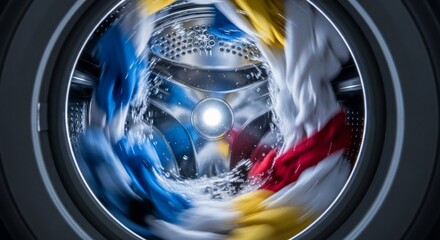 Vibrant Clothes and Splashing Water Inside a Spinning Washing Machine Drum
