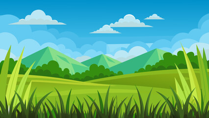 Obraz premium Vector art of stylized green hills and geometric mountains under a clear blue sky with scattered clouds, featuring foreground grass and lush trees, a picturesque natural scene