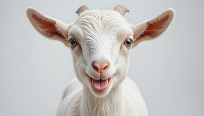 Fototapeta premium A white domestic goat with horns standing in a green grassy meadow on a sunny summer day