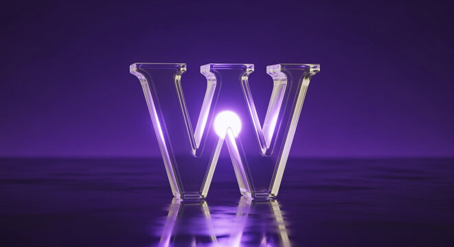 Glass letter W illuminated by purple light on a reflective surface