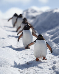 Obraz premium Penguins Waddling Snowy Landscape