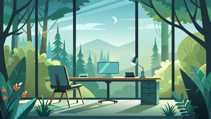 Fototapeta premium Vector art of modern office workspace with a computer desk and chair, surrounded by a stunning natural forest and mountain view through large windows, blending work and nature