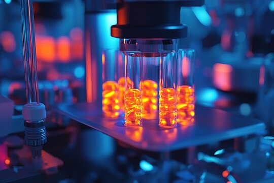 3D-printed medicine in a high-tech pharmaceutical lab, glowing pill capsules, cutting-edge medical technology