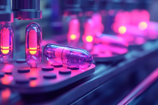 3D-printed medicine in a high-tech pharmaceutical lab, glowing pill capsules, cutting-edge medical technology