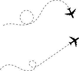 Airplane with dotted line route. flying plane with twisted, curved, dashed trace path. Route icon - two points with dotted path. Route location transparent PNG and vector illustration.