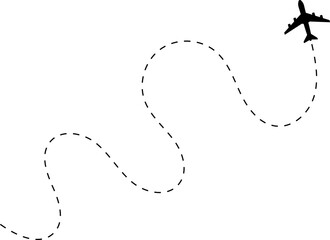 Airplane with dotted line route. flying plane with twisted, curved, dashed trace path. Route icon - two points with dotted path. Route location transparent PNG and vector illustration.