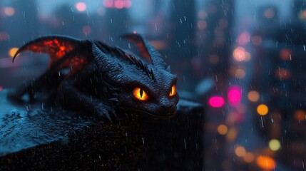 Obraz premium Dark dragon in the rain on a city rooftop.