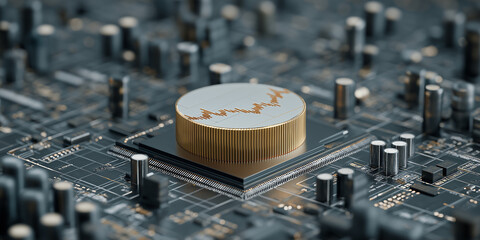 Gold coin with graph design sits on microchip, symbolizing financial growth and technology integration. circuit board background highlights connection between finance and electronics