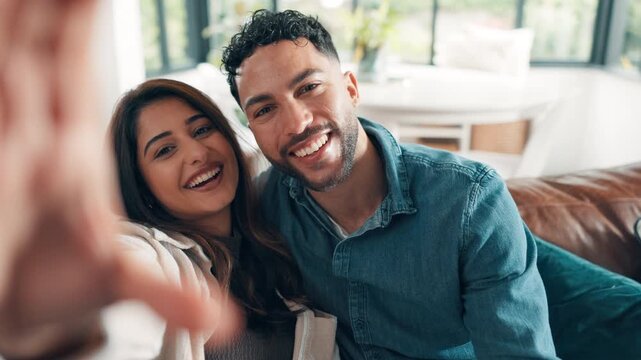 Happy couple, face and relax with selfie on sofa for photography, memory or picture POV in home. Portrait, man and woman with smile for capture moment, holiday break or weekend love on couch in house